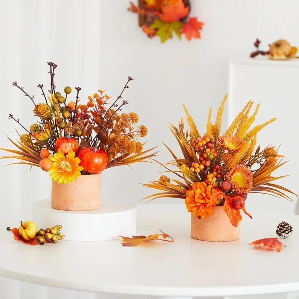Vibrant Harvest Orange Artificial Table Flowers - 2-Pack Lighting Display